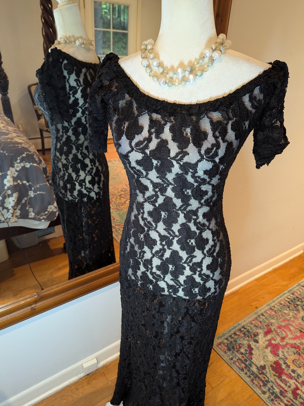 Betsey Johnson Vintage 90 Black lack Stretch Sheer Lace Maxi Dress - Picture 8 of 12